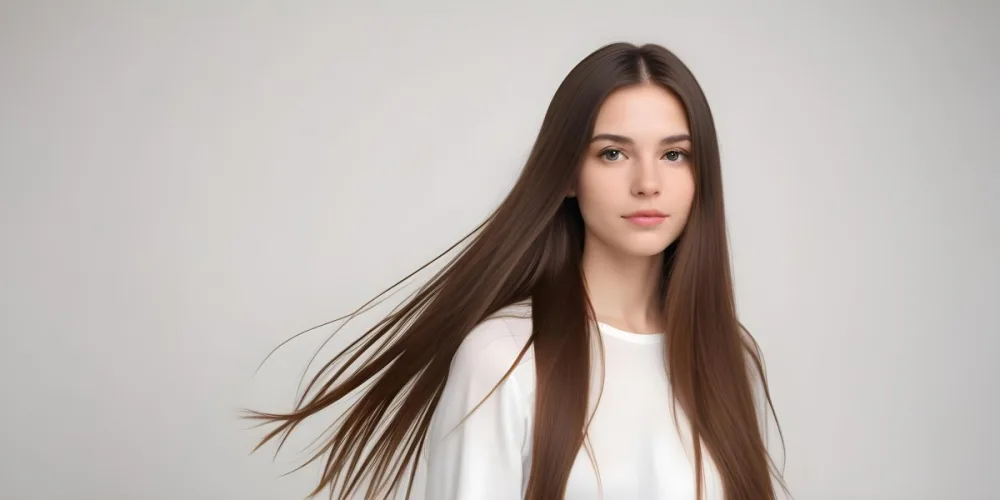 A Young Caucasian Woman With Long Straight Brown Hair Posing Against A White Background 4 1edf