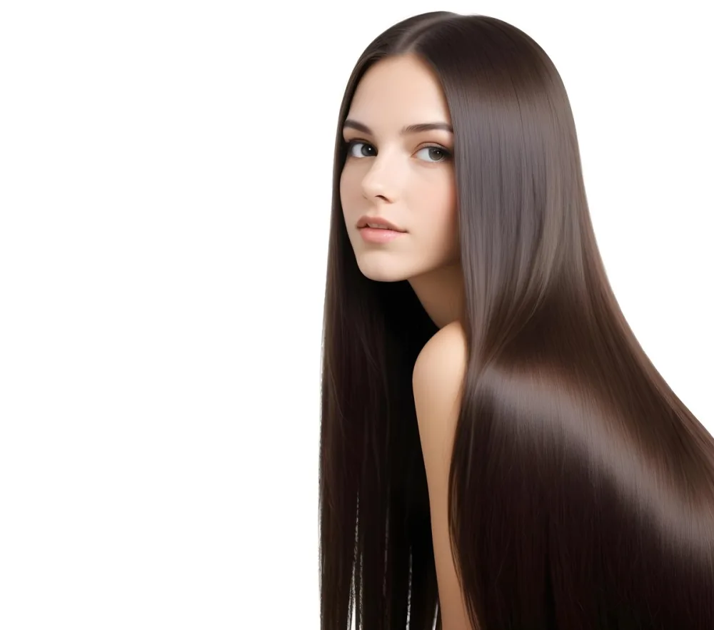 A Young Caucasian Woman With Long Straight Dark Brown Hair Posing Against A White Background 13 7f81