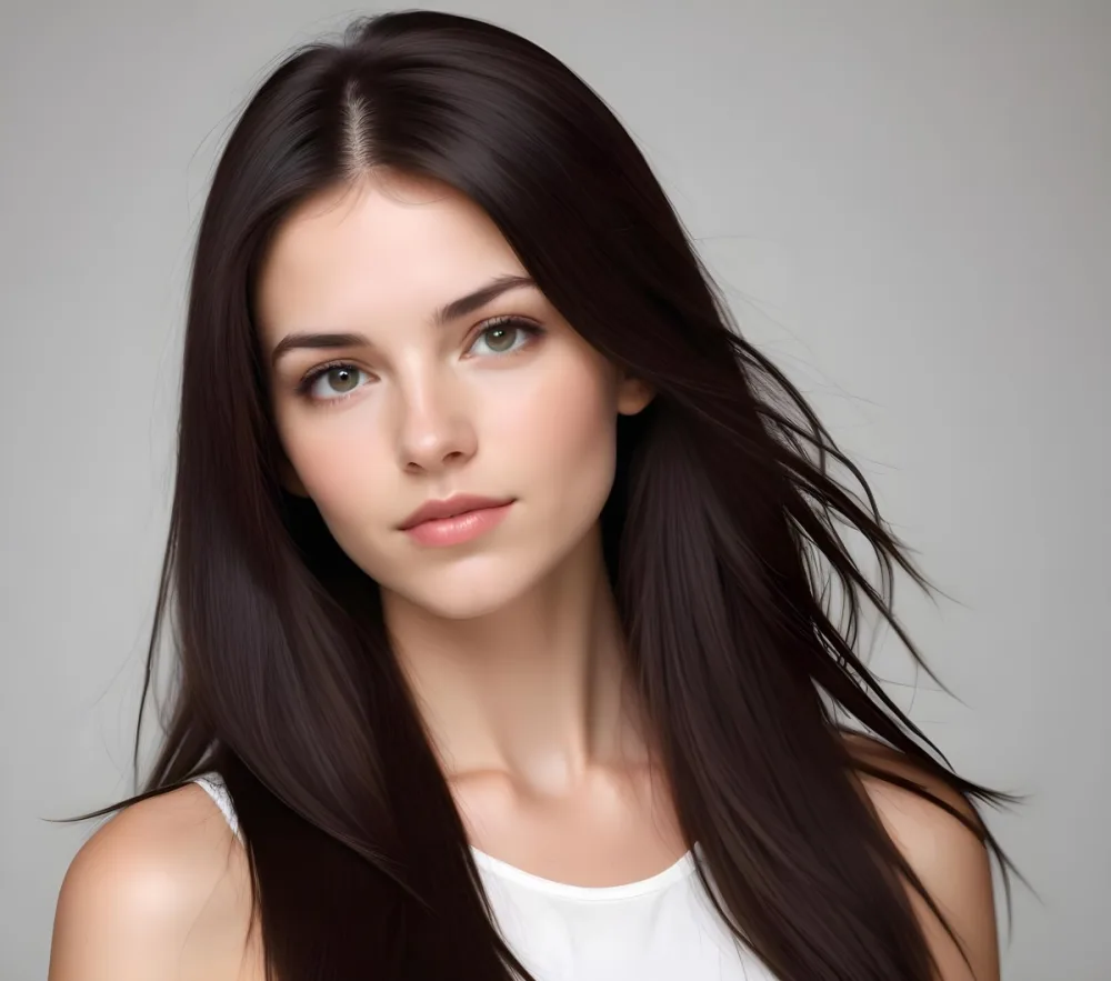 A Young Caucasian Woman With Long Straight Dark Brown Hair Posing Against A White Background 2 C52d