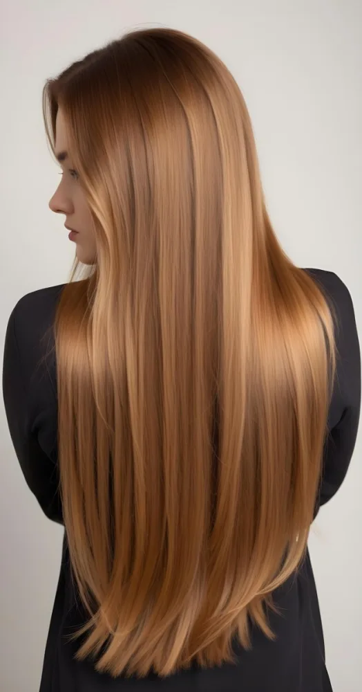 A Young Caucasian Woman With Long Straight Golden Brown Hair Styled In A Half Up Half Down Hairstyle 18 B628