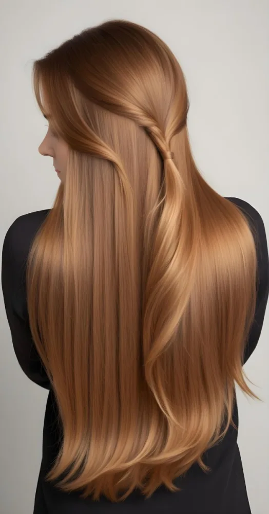 A Young Caucasian Woman With Long Straight Golden Brown Hair Styled In A Half Up Half Down Hairstyle 25 31c9