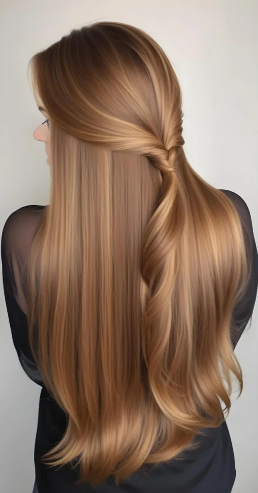 A Young Caucasian Woman With Long Straight Golden Brown Hair Styled In A Half Up Half Down Hairstyle 37 266f