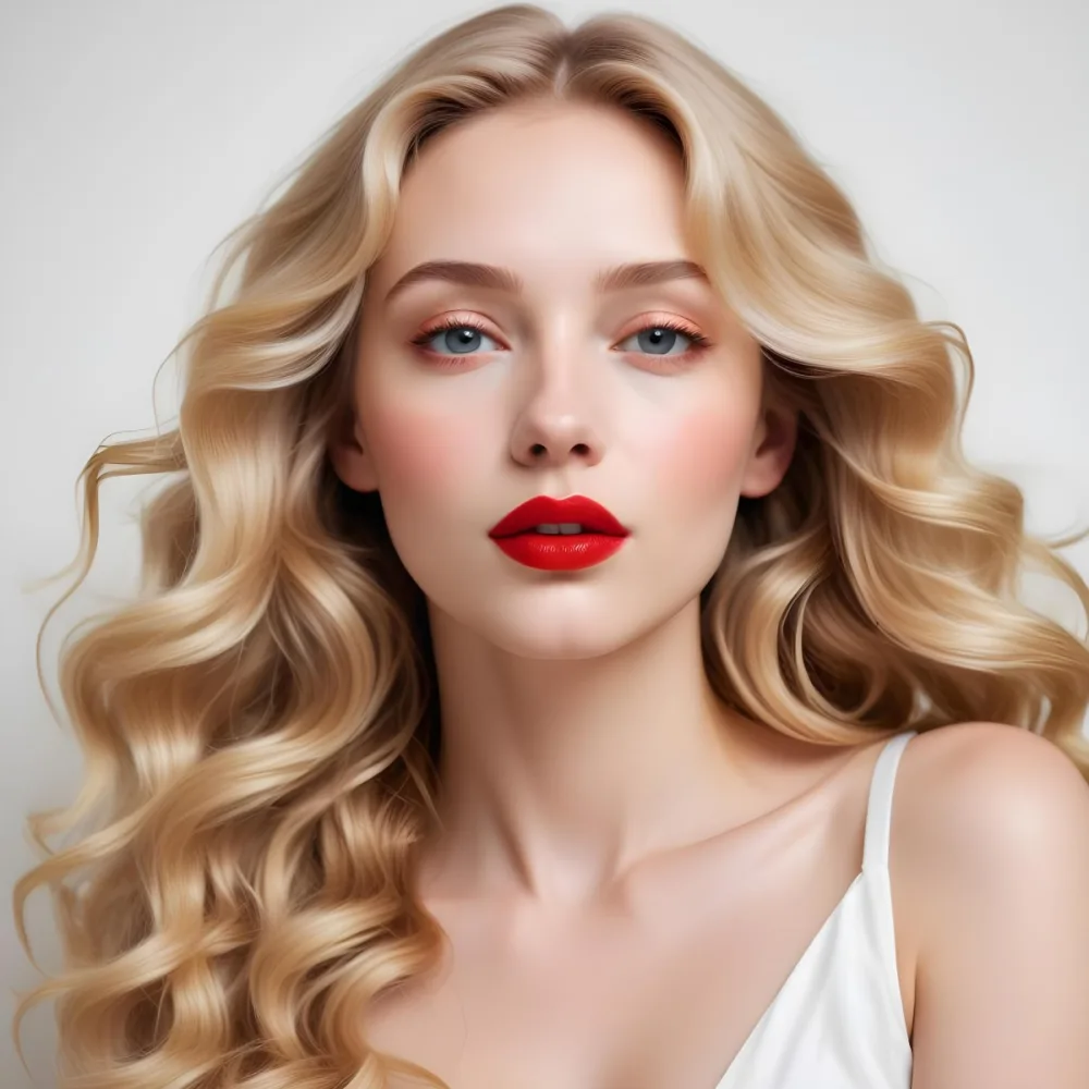 A Young Caucasian Woman With Long Wavy Blonde Hair And Bright Red Lipstick Lying On A White Background 11 Ecc4