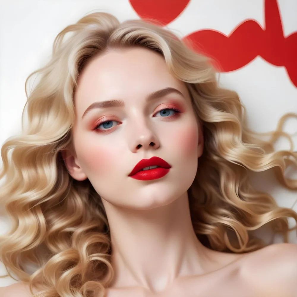 A Young Caucasian Woman With Long Wavy Blonde Hair And Bright Red Lipstick Lying On A White Background 12 1eaa