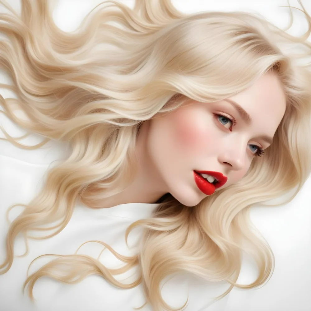 A Young Caucasian Woman With Long Wavy Blonde Hair And Bright Red Lipstick Lying On A White Background 3 0657