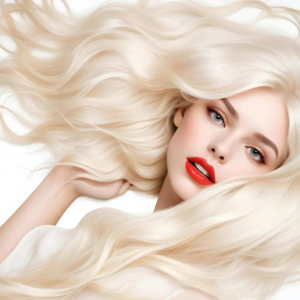 A Young Caucasian Woman With Long Wavy Blonde Hair And Bright Red Lipstick Lying On A White Background 5 286e
