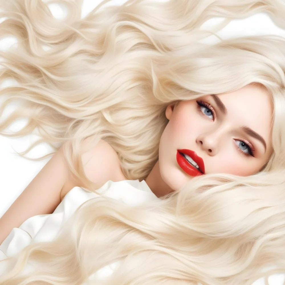 A Young Caucasian Woman With Long Wavy Blonde Hair And Bright Red Lipstick Lying On A White Background 6