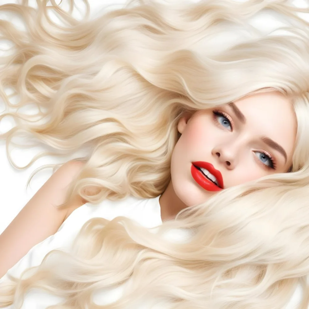 A Young Caucasian Woman With Long Wavy Blonde Hair And Bright Red Lipstick Lying On A White Background 8 7a55