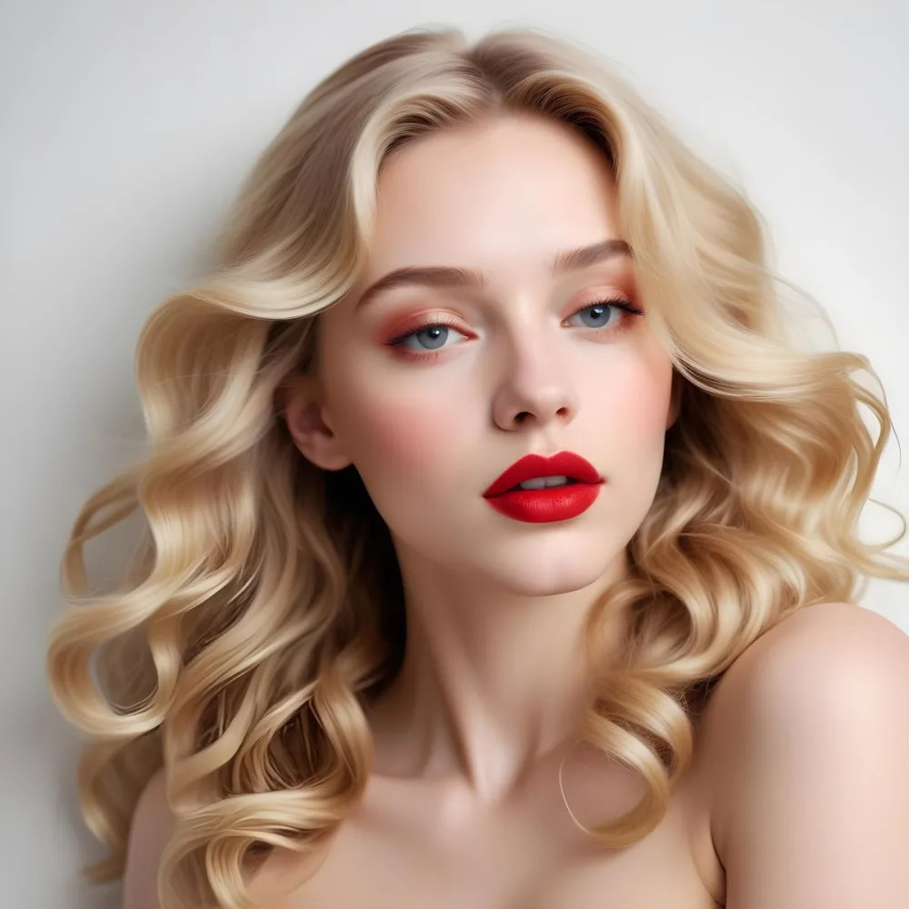 A Young Caucasian Woman With Long Wavy Blonde Hair And Bright Red Lipstick Lying On A White Background 9 49f6