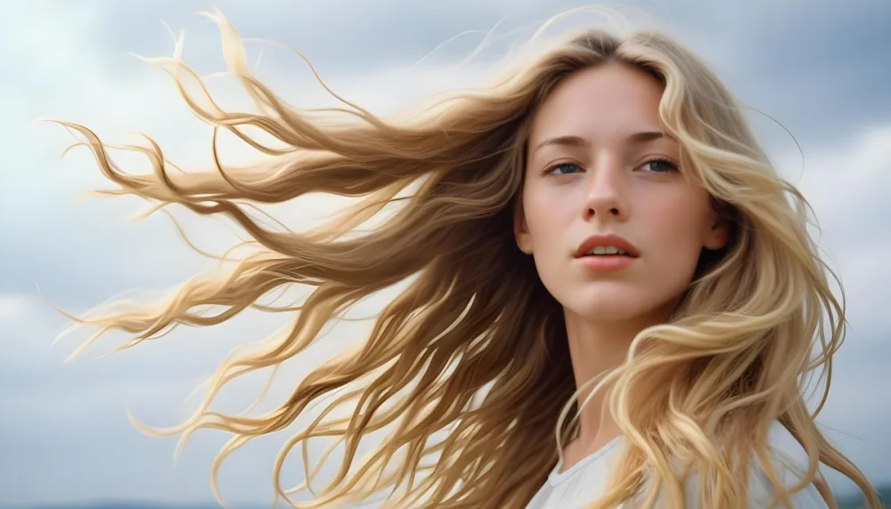 A Young Caucasian Woman With Long Wavy Blonde Hair Blowing In The Wind Against A Plain Background 33 8574