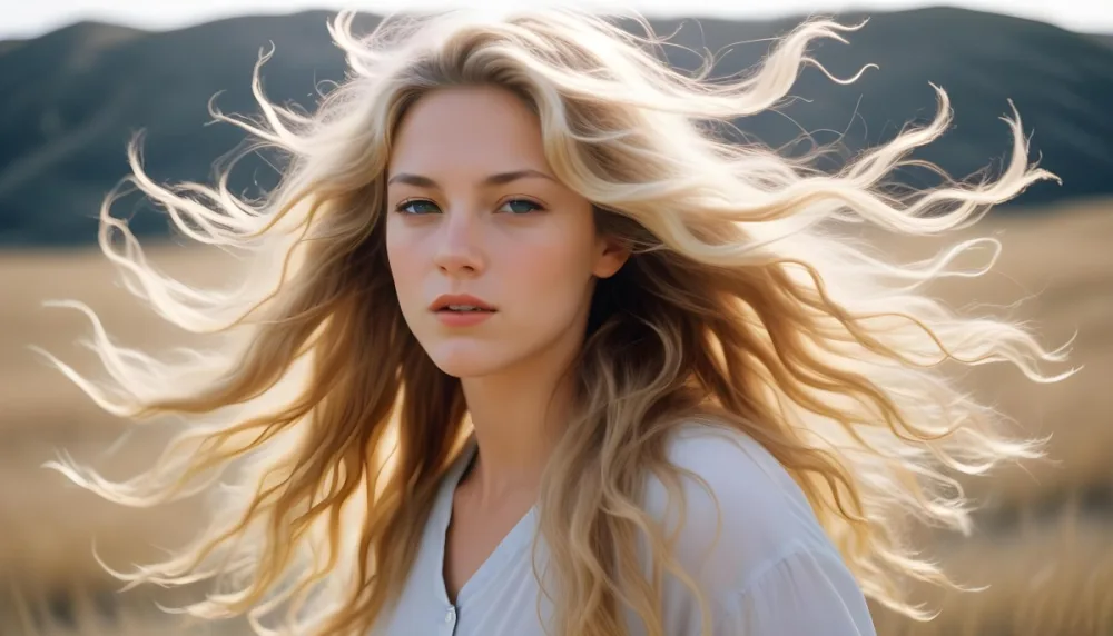 A Young Caucasian Woman With Long Wavy Blonde Hair Blowing In The Wind Against A Plain Background 38 B66e