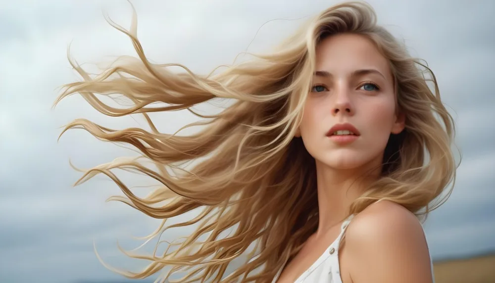 A Young Caucasian Woman With Long Wavy Blonde Hair Blowing In The Wind Against A Plain Background 41 23e2