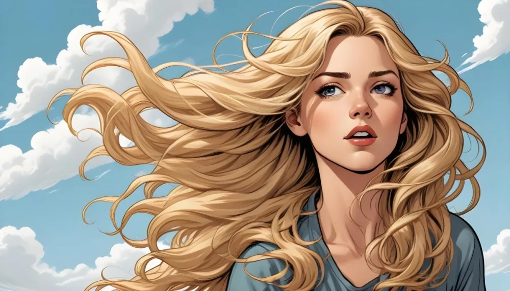 A Young Caucasian Woman With Long Wavy Blonde Hair Blowing In The Wind Against A Plain Background 42 Beca