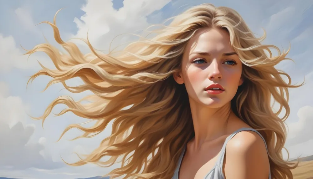 A Young Caucasian Woman With Long Wavy Blonde Hair Blowing In The Wind Against A Plain Background 71 B44a