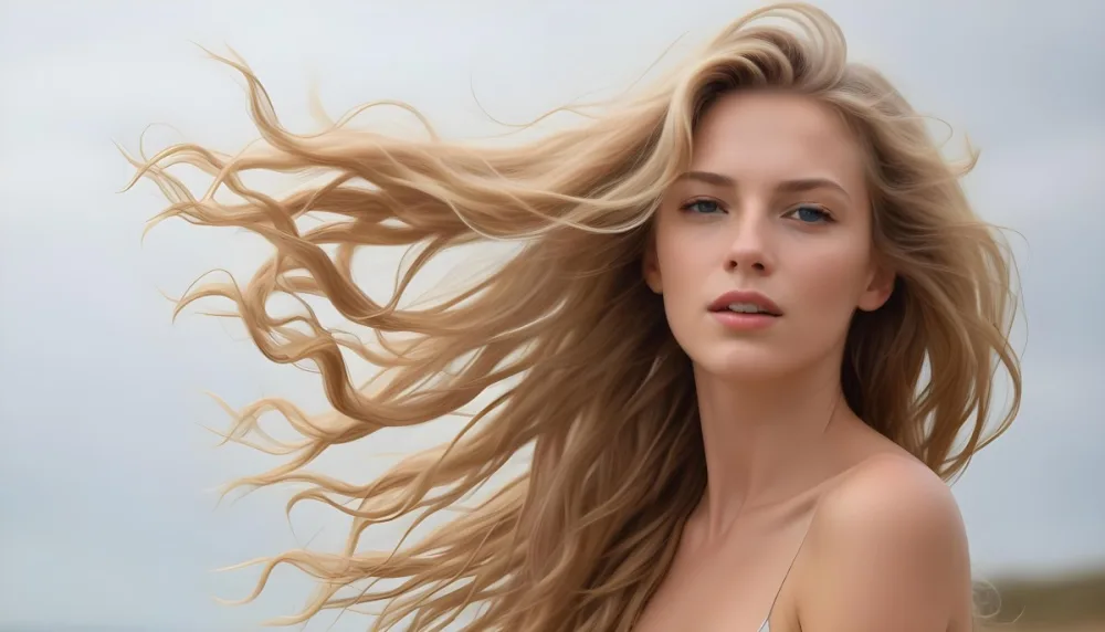A Young Caucasian Woman With Long Wavy Blonde Hair Blowing In The Wind Against A Plain Background 84 8aac