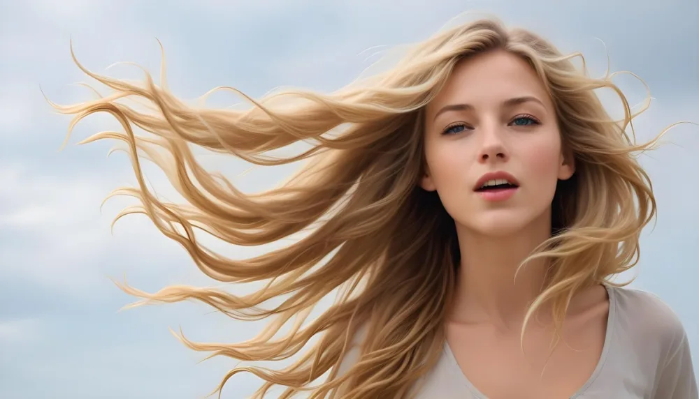 A Young Caucasian Woman With Long Wavy Blonde Hair Blowing In The Wind Against A Plain Background 9 5a43