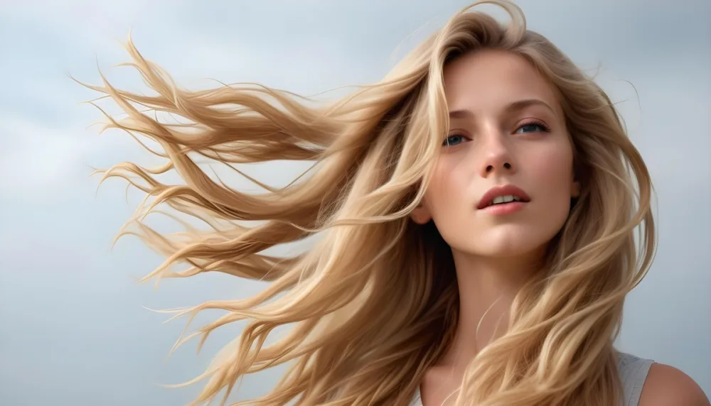 A Young Caucasian Woman With Long Wavy Blonde Hair Blowing In The Wind Against A Plain Background 90 4c90