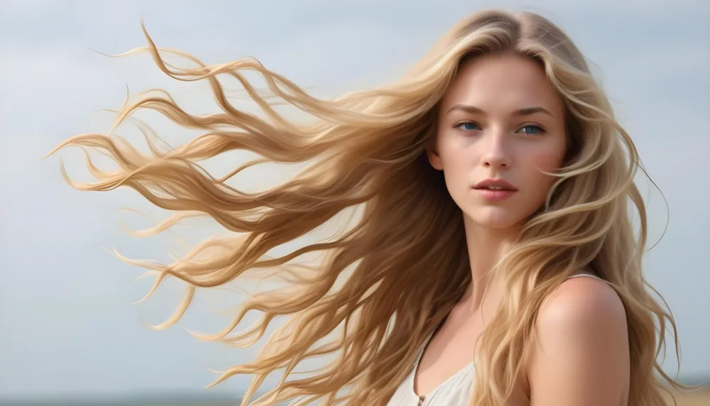 A Young Caucasian Woman With Long Wavy Blonde Hair Blowing In The Wind Against A Plain Background 91 D54e