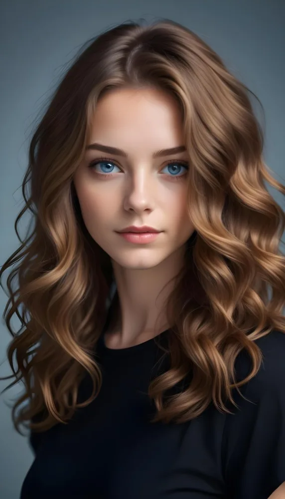 A Young Caucasian Woman With Long Wavy Brown Hair And Brown Eyes Wearing A Black Top Against A Blue Background 6 Af54