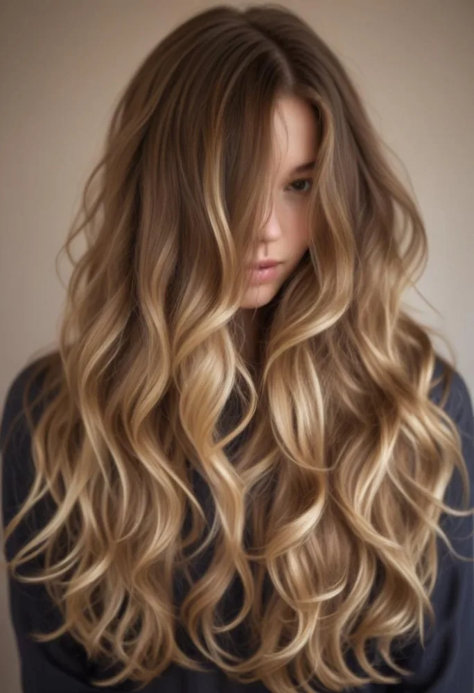 A Young Caucasian Woman With Long Wavy Brown Hair Featuring Blonde Highlights The Hair Has A Natural Sun Kissed Appearance With A Mix Of Warm And Cool Tones 1 3b52