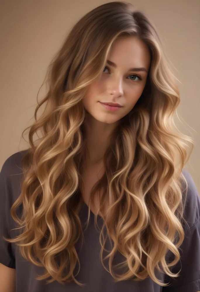 A Young Caucasian Woman With Long Wavy Brown Hair Featuring Blonde Highlights The Hair Has A Natural Sun Kissed Appearance With A Mix Of Warm And Cool Tones 12 2d9e