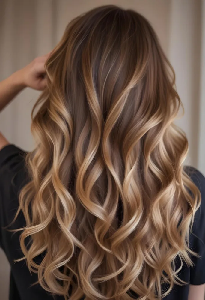 A Young Caucasian Woman With Long Wavy Brown Hair Featuring Blonde Highlights The Hair Has A Natural Sun Kissed Appearance With A Mix Of Warm And Cool Tones 14 A346