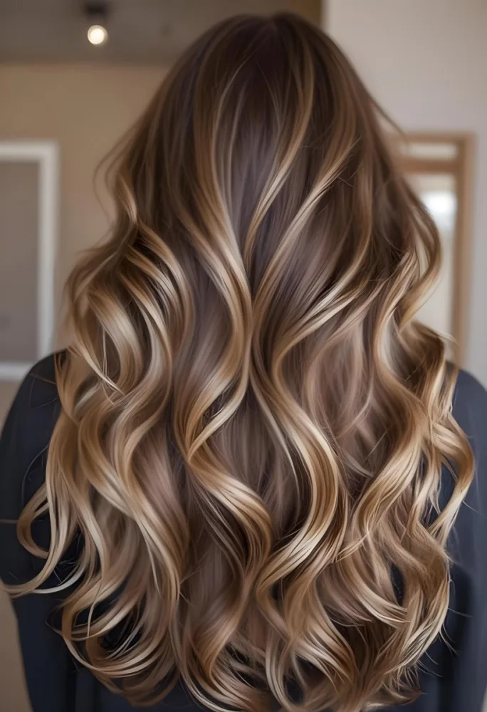 A Young Caucasian Woman With Long Wavy Brown Hair Featuring Blonde Highlights The Hair Has A Natural Sun Kissed Appearance With A Mix Of Warm And Cool Tones 15 9cca