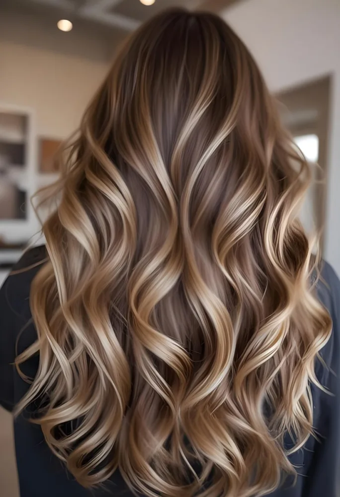 A Young Caucasian Woman With Long Wavy Brown Hair Featuring Blonde Highlights The Hair Has A Natural Sun Kissed Appearance With A Mix Of Warm And Cool Tones 20 Fe48