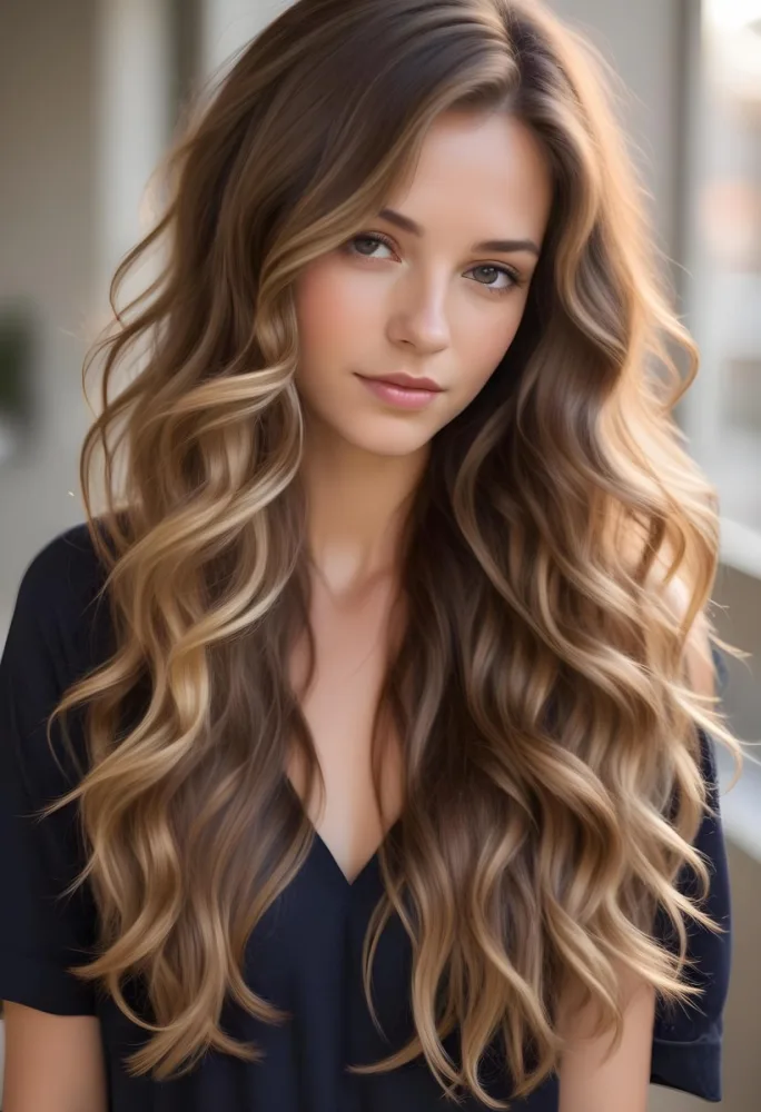A Young Caucasian Woman With Long Wavy Brown Hair Featuring Blonde Highlights The Hair Has A Natural Sun Kissed Appearance With A Mix Of Warm And Cool Tones 5 2379