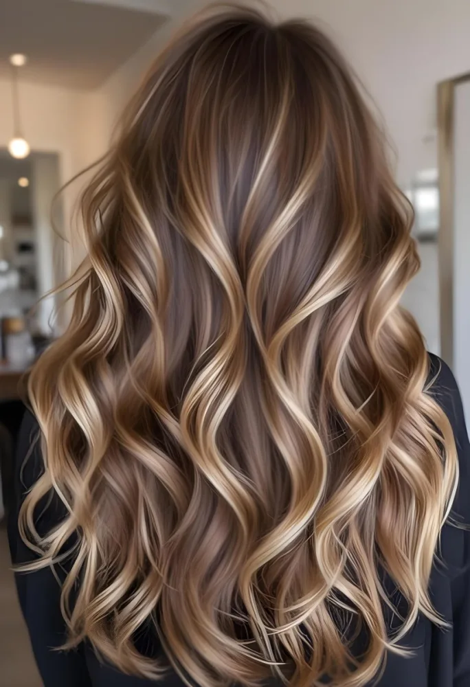 A Young Caucasian Woman With Long Wavy Brown Hair Featuring Blonde Highlights The Hair Has A Natural Sun Kissed Appearance With A Mix Of Warm And Cool Tones 6 F34c
