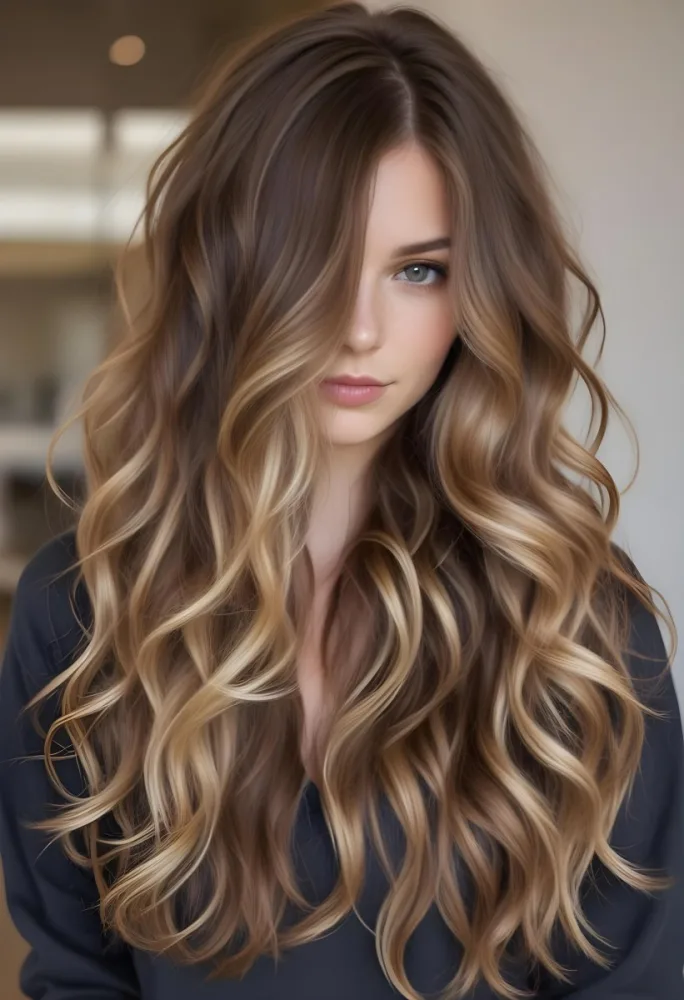 A Young Caucasian Woman With Long Wavy Brown Hair Featuring Blonde Highlights The Hair Has A Natural Sun Kissed Appearance With A Mix Of Warm And Cool Tones 7 C220