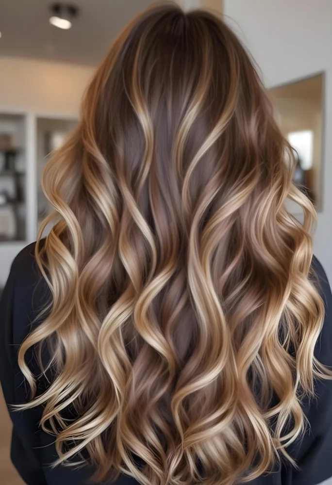 A Young Caucasian Woman With Long Wavy Brown Hair Featuring Blonde Highlights The Hair Has A Natural Sun Kissed Appearance With A Mix Of Warm And Cool Tones 8 0c73