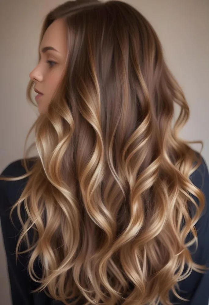 A Young Caucasian Woman With Long Wavy Brown Hair Featuring Blonde Highlights The Hair Has A Natural Sun Kissed Appearance With A Mix Of Warm And Cool Tones 9 1839
