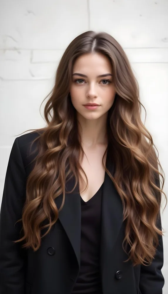 A Young Caucasian Woman With Long Wavy Brown Hair Wearing A Black Jacket 4 9ccd