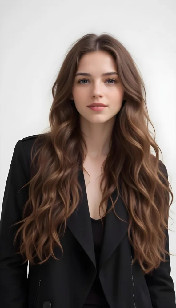 A Young Caucasian Woman With Long Wavy Brown Hair Wearing A Black Jacket 6 C497
