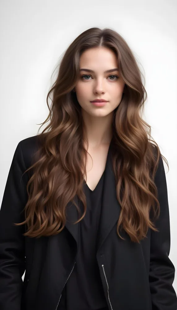 A Young Caucasian Woman With Long Wavy Brown Hair Wearing A Black Jacket 7 5f08