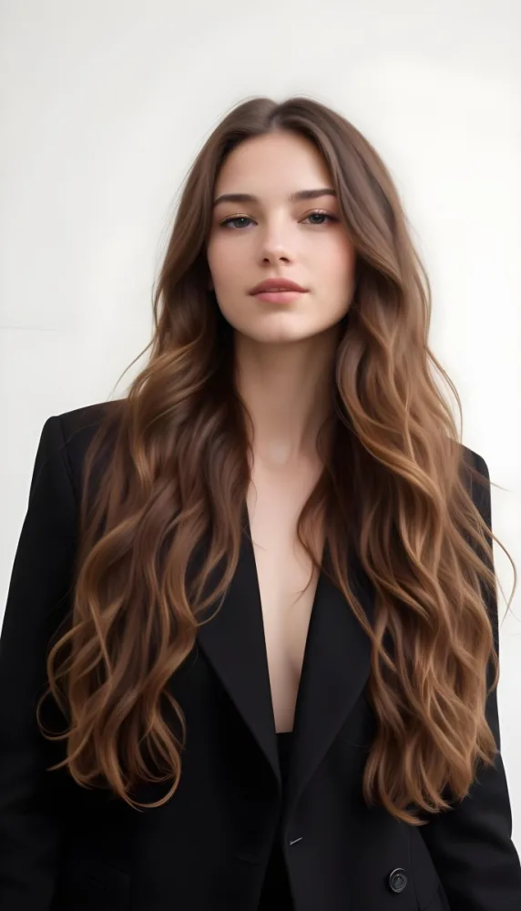 A Young Caucasian Woman With Long Wavy Brown Hair Wearing A Black Jacket 8 0614