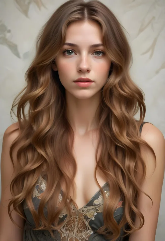 A Young Caucasian Woman With Long Wavy Light Brown Hair And Highlights She Has A Neutral Facial Expression And Is Wearing A Low Cut Top Revealing Her Shoulders 1 2adf