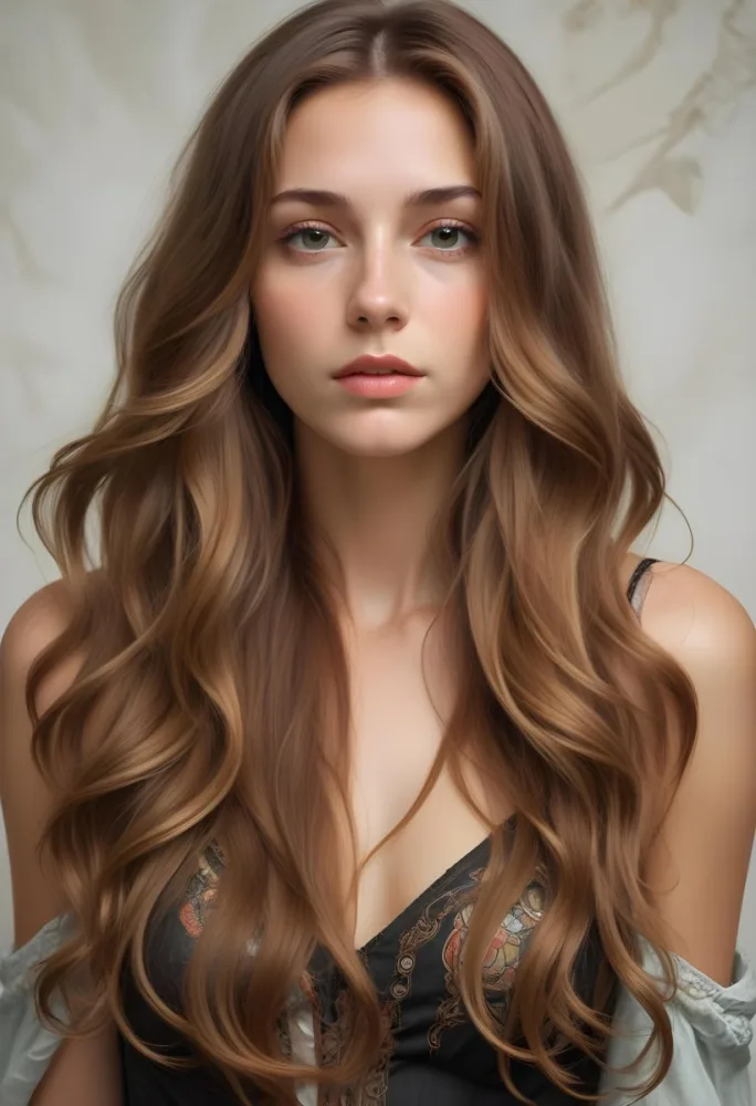 A Young Caucasian Woman With Long Wavy Light Brown Hair And Highlights She Has A Neutral Facial Expression And Is Wearing A Low Cut Top Revealing Her Shoulders 15 39ba