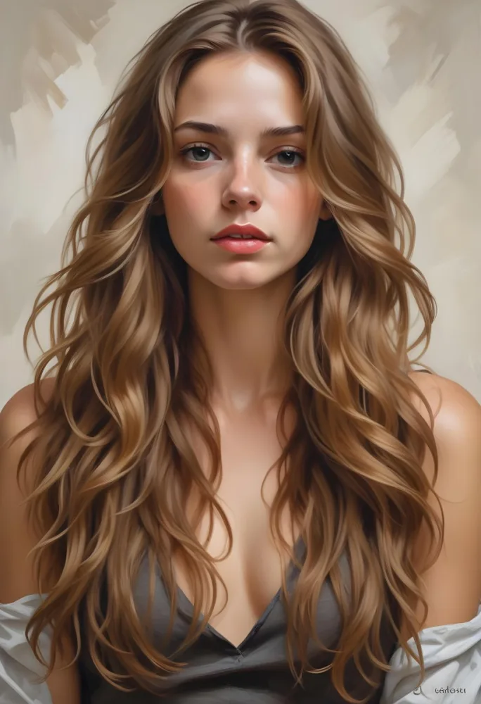 A Young Caucasian Woman With Long Wavy Light Brown Hair And Highlights She Has A Neutral Facial Expression And Is Wearing A Low Cut Top Revealing Her Shoulders 25 05a6