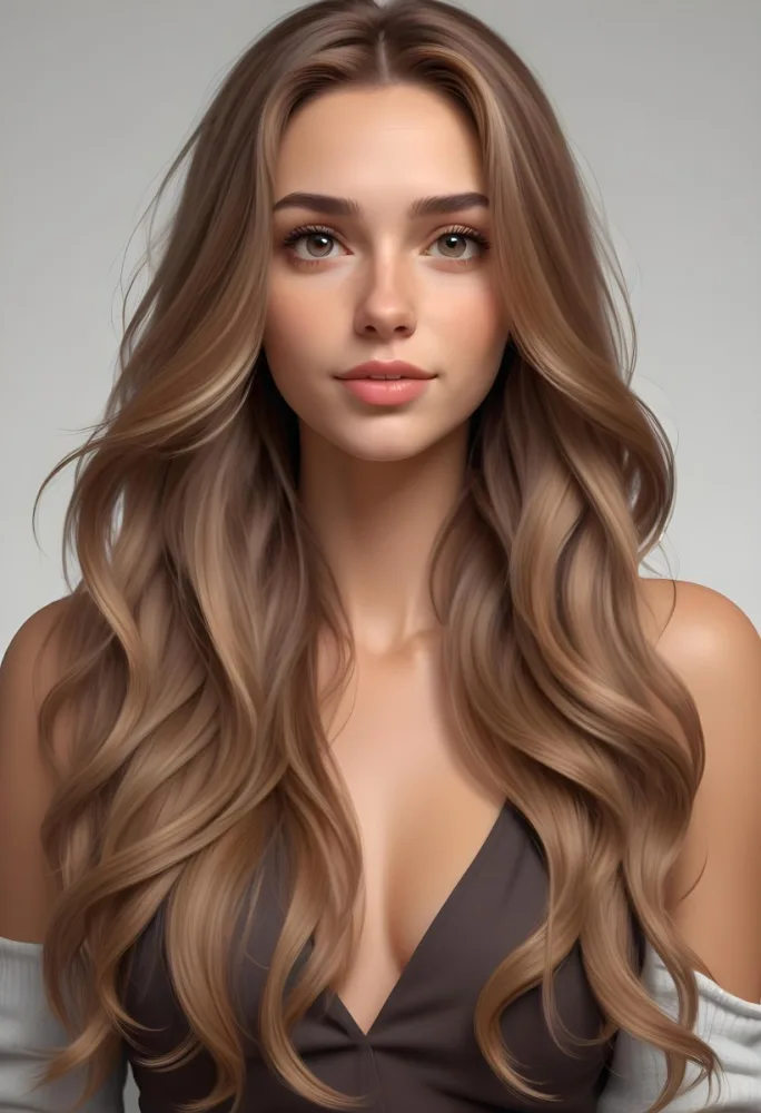 A Young Caucasian Woman With Long Wavy Light Brown Hair And Highlights She Has A Neutral Facial Expression And Is Wearing A Low Cut Top Revealing Her Shoulders 44 3a87
