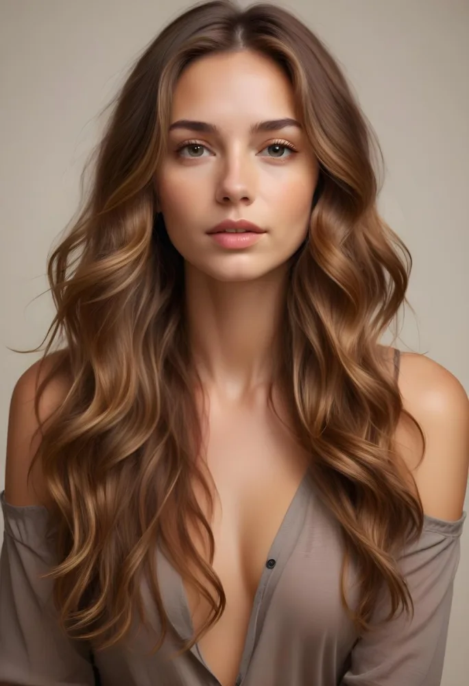 A Young Caucasian Woman With Long Wavy Light Brown Hair And Highlights She Has A Neutral Facial Expression And Is Wearing A Low Cut Top Revealing Her Shoulders 55 701c