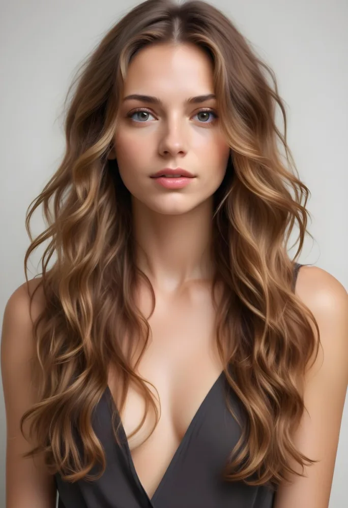 A Young Caucasian Woman With Long Wavy Light Brown Hair And Highlights She Has A Neutral Facial Expression And Is Wearing A Low Cut Top Revealing Her Shoulders 59 3769