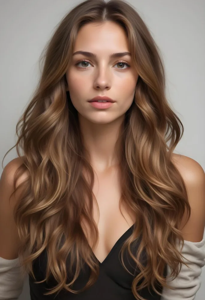 A Young Caucasian Woman With Long Wavy Light Brown Hair And Highlights She Has A Neutral Facial Expression And Is Wearing A Low Cut Top Revealing Her Shoulders 60 6ada