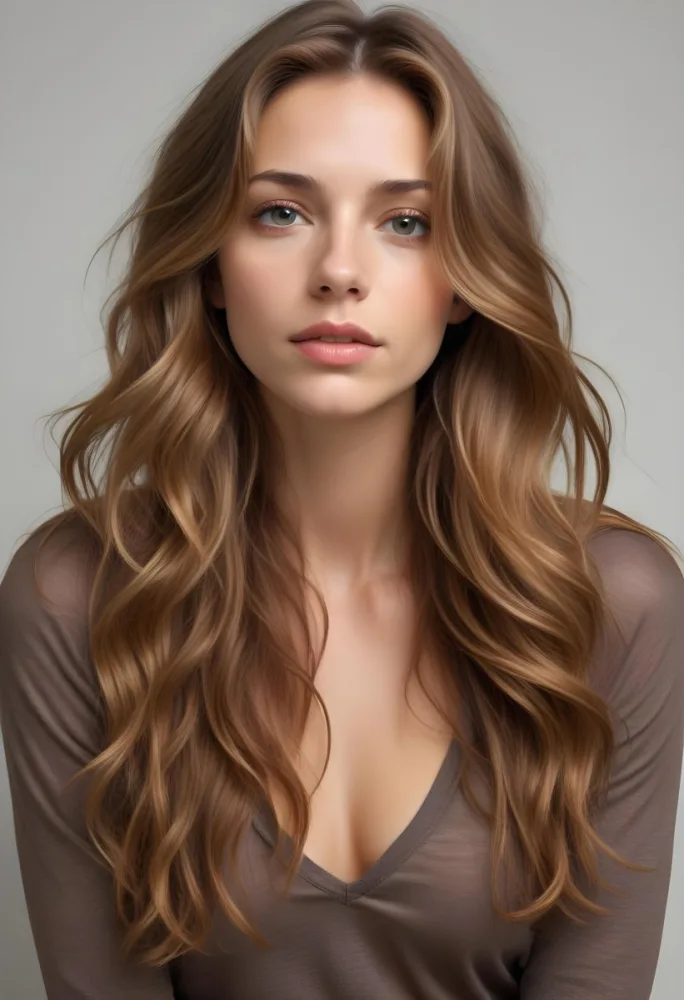 A Young Caucasian Woman With Long Wavy Light Brown Hair And Highlights She Has A Neutral Facial Expression And Is Wearing A Low Cut Top Revealing Her Shoulders 64 A861