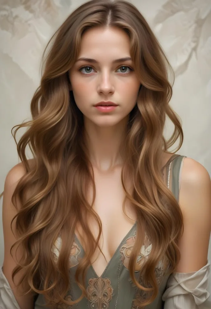 A Young Caucasian Woman With Long Wavy Light Brown Hair And Highlights She Has A Neutral Facial Expression And Is Wearing A Low Cut Top Revealing Her Shoulders 8 Cf4e