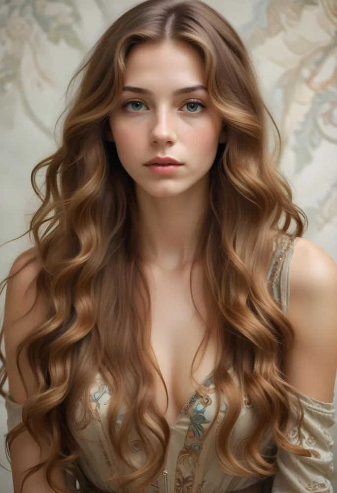 A Young Caucasian Woman With Long Wavy Light Brown Hair And Highlights She Has A Neutral Facial Expression And Is Wearing A Low Cut Top Revealing Her Shoulders 9 8bc1