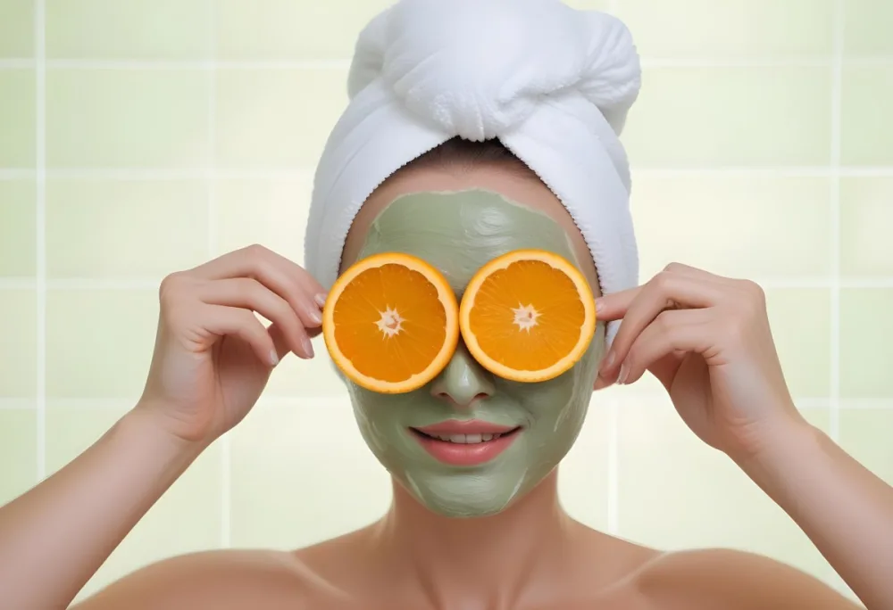 A Young Caucasian Woman With Short Blonde Hair Wearing A White Towel On Her Head Holding Two Orange Slices Over Her Eyes With A Green Facial Mask On Her Face Against A Light Green Background 10 A94c