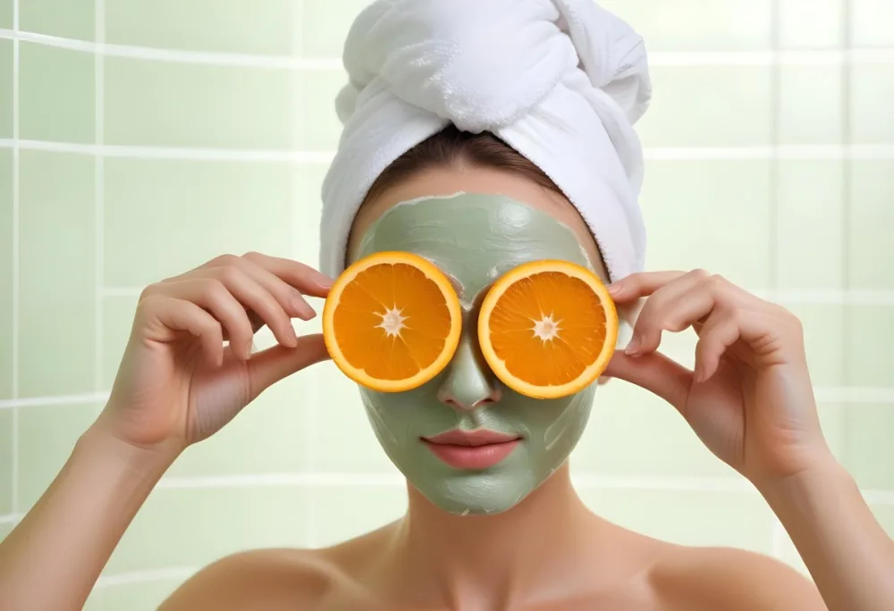 A Young Caucasian Woman With Short Blonde Hair Wearing A White Towel On Her Head Holding Two Orange Slices Over Her Eyes With A Green Facial Mask On Her Face Against A Light Green Background 5 6c1b