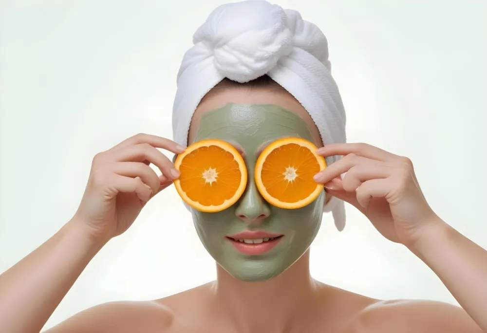 A Young Caucasian Woman With Short Blonde Hair Wearing A White Towel On Her Head Holding Two Orange Slices Over Her Eyes With A Green Facial Mask On Her Face Against A Light Green Background 9 A6c8